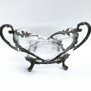 Serving Bowl Salad Vegetables Heavy glass and Pewter stand feet and handles Vintage French  Leaves decor Christmas table decor Plate gift