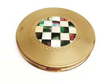 Vintage compact mirror powder Mother of Pearl round AGME Swiss Made  Vanity bag hand gift collection