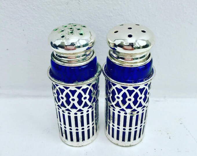 Dinnerware Table Vintagechicbruxelles Salt And Pepper Shakers Vintage Silver Plate W Cobalt Blue Liners Reticulated
