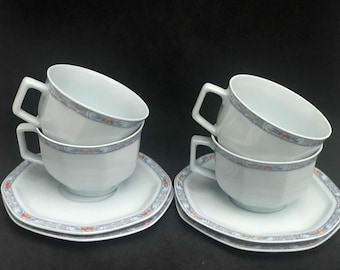 Porcelain Limoges Haviland Set 4 Coffee or Tea cups Orangerie Blue orange decor French Vintage Octogonal Country Cottage Farmhouse Decor,