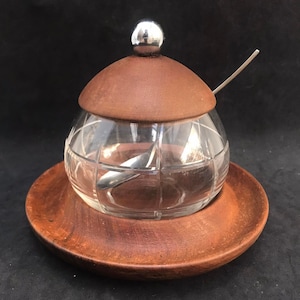 Danish sugar bowl vintage jam bowl with lid Mid Century design, scandinavian glass and teak  MCM Nordic sweets dish