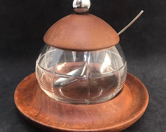 Mid Century Danish Glass Sugar Bowl with Teak Lid