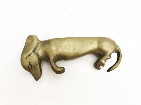 Figurine dog Caravell  statue of dachshund  on back in solid brass Dutch 1960s desk decor Collection dog lover gift