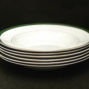 Antique Set 6 soup plates made by Villeroy and Boch Mettlach green golden rim XIX Century large plates 25,1 cm diameter German porcelain