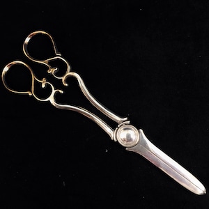 Può includere: Forbici ornate in argento e oro con una lama appuntita e un pomo rotondo sul manico.