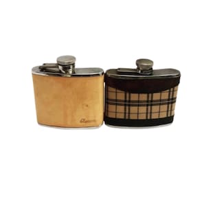 Vintage Leather Covered Hip Flask Set: Stainless Steel, Scottish Design