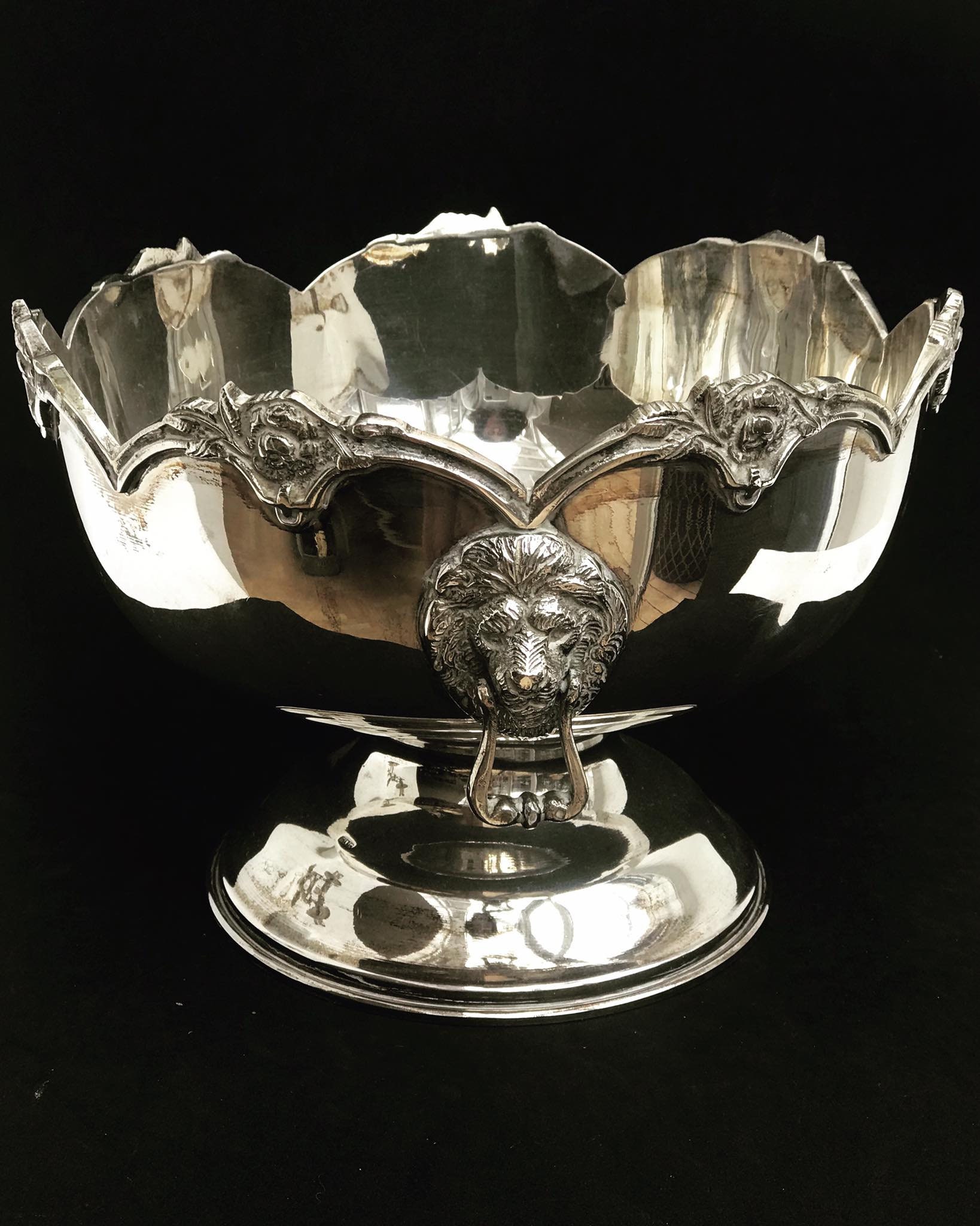 Vintage 900 Sterling Silver Fruit Bowl: Egyptian Lion