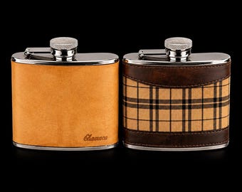 Set di fiaschette vintage con rivestimento in pelle: acciaio inossidabile, design scozzese