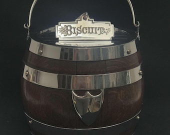 Victorian Oak Biscuit Barrel: Antique English Silver Plate Cookie Jar