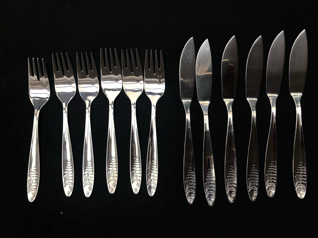 Vintage WMF Fish Flatware Set: German Cromargan Stainless Steel, 12 ...