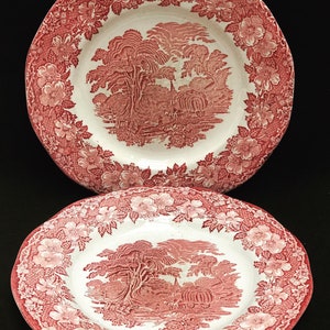 Red Transferware Woodland Vintage English Country 2 dinner Plates Enoch Wedgwood Tunstall  Cottage Red Underglaze Transfer Dinnerware