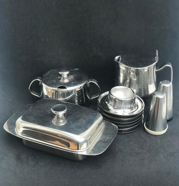 Butter dish with lid Alessi Alfra by Carlo Mazzeri brakfast set sugar bowl, milk jar, salt and pepper shaker stainless steel made in Italy