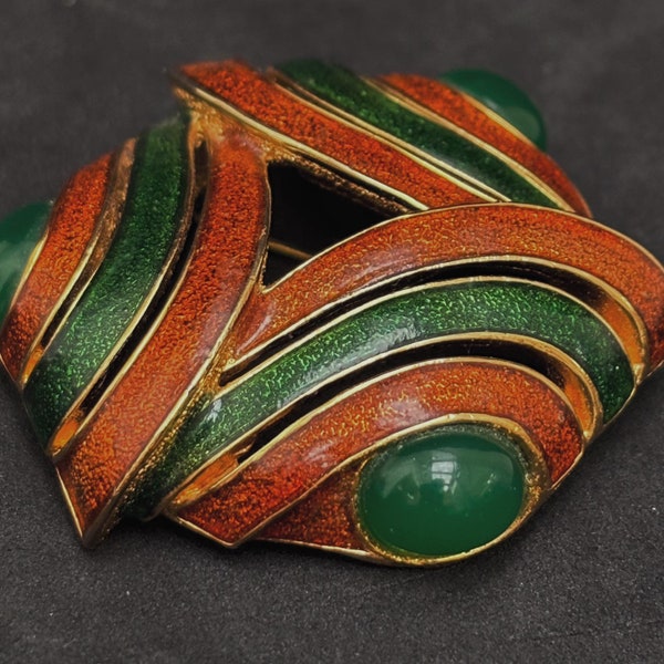 Vintage Broche D Orlan émail brun vert Moderniste bijoux luxe  peint à la main cadre en laiton manteau cadeau pour elle cadeau maman