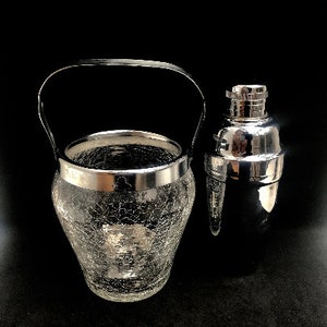 Cocktail Shaker metal Mid Century and crackled glass ice bucket Bar Accessories, Retro Bar  Martini Shaker bar cart gift for him