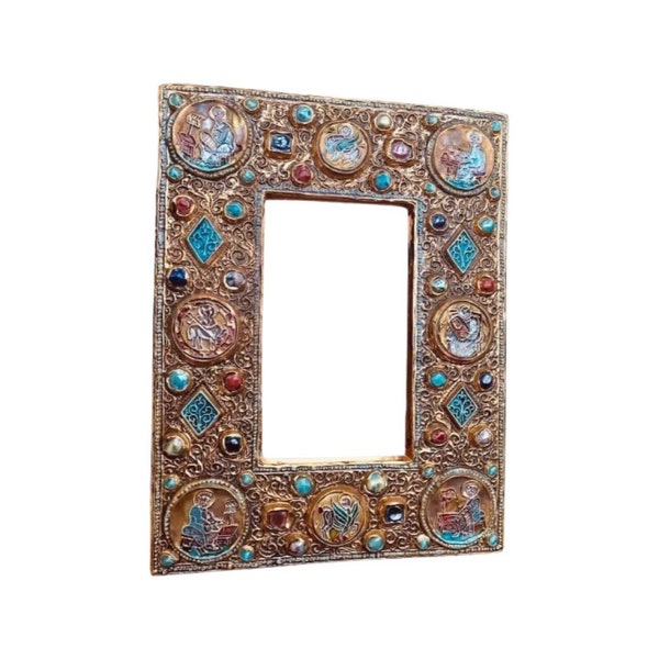 Miroir Marc Roussel Bijou céramique Vallauris France Vintage cabochons turquoises doré maximaliste murale cadeau décor Mid Century byzantine