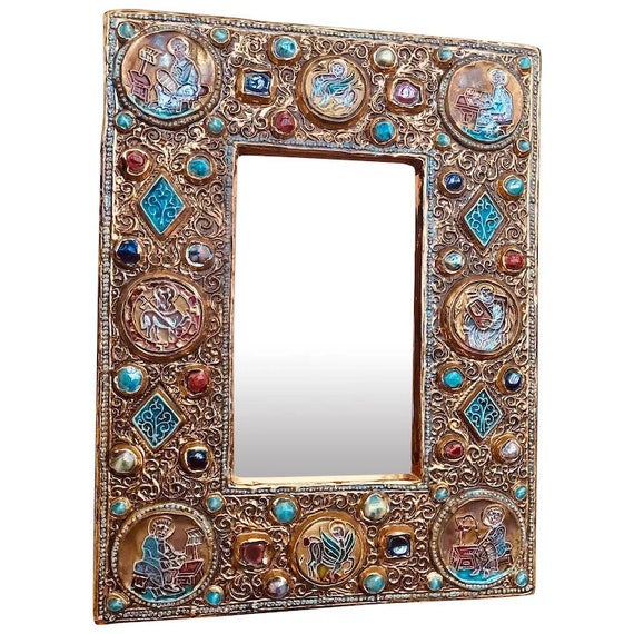 Mirror Marc Roussel Vintage turquoise cabochons Ceramic  French Vallauris glazed ceramic Jeweled  Golden mirror maximalist decor Byzantine