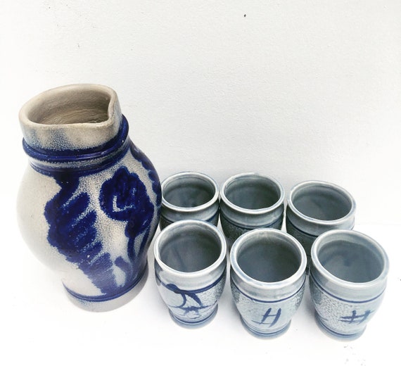 Set Pitcher Stoneware water or wine 6 cups  Alsace France Saltglazed Pottery, French Country Blue cobalt Antique Grey Ceramic Stoneware.