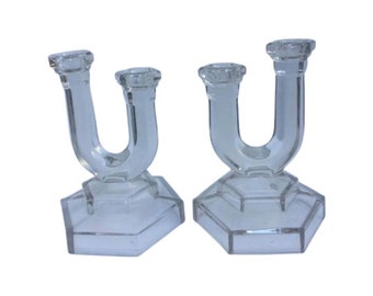 Vintage Art Deco Pressed Glass Candelabra Pair: 1950s Candle Holders