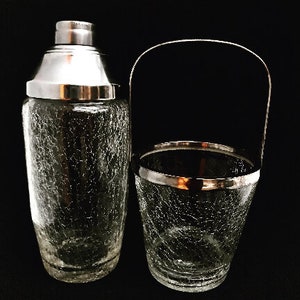 Vintage set bar  Cocktail Shaker and ice bucket Stainless Steel and crystal Bar Accessories Mid Century Martini  cocktail mixing glass