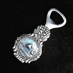 Pewter bottle opener collectible Danish sailing ship marked Denmark souvenir 1930s Art Deco Danish bar accessories Viking gift bar tools