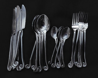 Set 24 Flatware Swirl twist cutlery French Dubost twisted ends spiral ends Brutalist decor Medieval viking style handmade 6 gift wedding