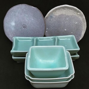 Sushi plates set serving tray, sauce dish, dinner sashimi plate asian food dish green acqua Ceramic Porcelain Fish Serving Tray