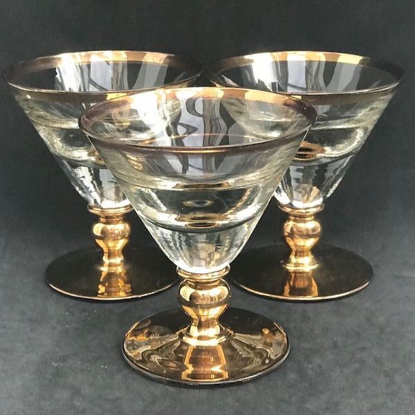 Verres a vin cocktail champagne verre lourd sur pied doré avec boule base ronde doré a l'or 24 k période colonial années 40s cadeau mariage