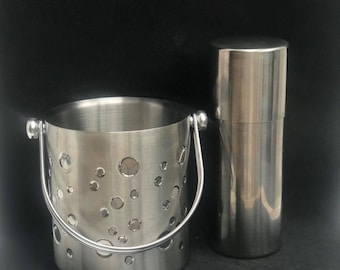 Vintage Edelstahl Cocktail Shaker und Eiswürfelbehälter: Mid-Century Barzubehör