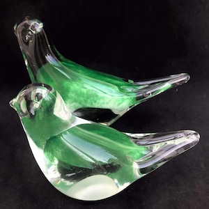 Vintage Art Glass Bird Figurines: Green & Clear Blown Glass Set