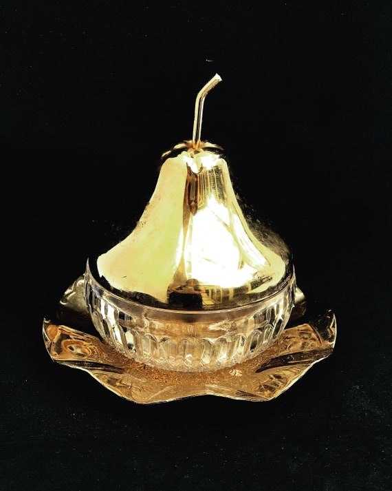Sugar bowl with lid Jam Pot Preserve pot individual ice bucket pear shaped candy dish jar cristal golden metal wedding gift bar decor 1970s
