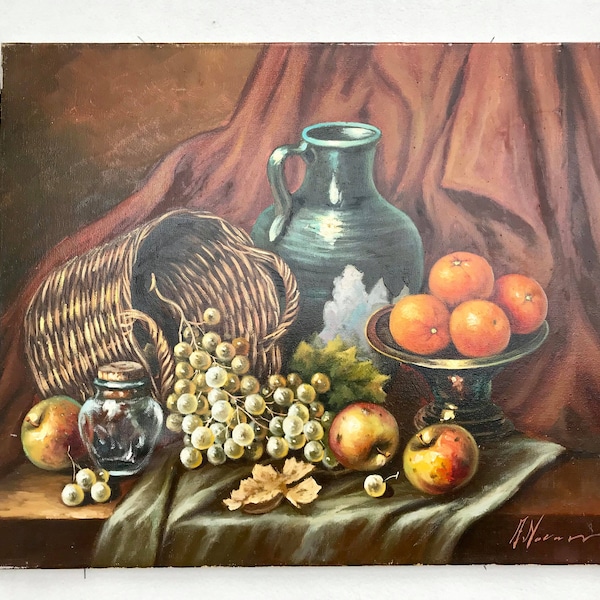 Art Original peinture à l'huile sur toile nature morte fruits automne oranges raisins art vintage signé décor cuisine rustique cottage chic