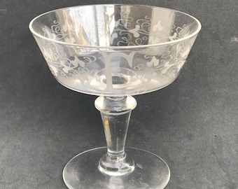 Antique French Crystal Champagne Coupe: Acid Etched Hollow Stem, Monogram F