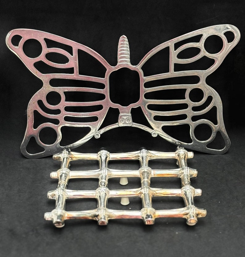 Trivet metal lot de 2 trivets vintage, 1 bamboo Tramontina 1 butterfly San Marco adjustable trivet image 4