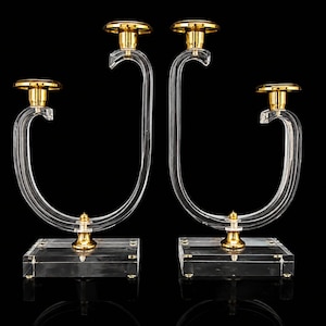 Pair of Vintage Clear Acrylic Two-Light Candelabras, Gold Tone Candle Holders, Rectangular Lucite Bases, Hollywood Regency Decor