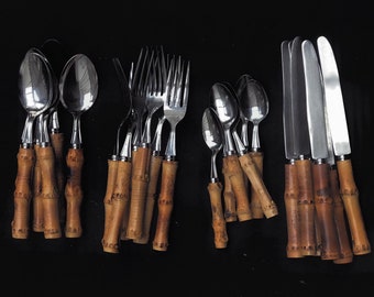 Bamboo flatware Dinner set 24 Vintage Forks knives 1960s Bamboo Handle Stainless Flatware Made In Japan boho chic bohemian folk nature