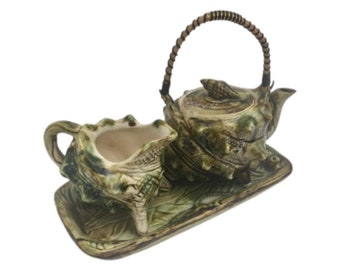 Decorative Shell Pieces Kitsch sea shell ornament, Majolica  1950s Vintage, Retro, Shell Décor Unusual Snail Sea, ceramic teapot for one,