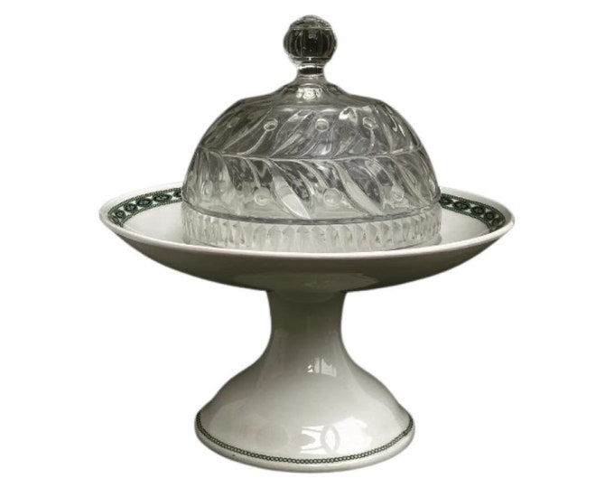 Cloche à fromage en verre moulé avec plat piédestal Boch ancien présentoir a cake cloche verre lourd dôme a fromage transparent cadeau