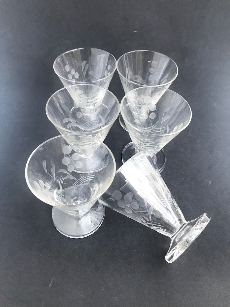 Vintage Liquor Glasses 6 Etched Crystal Footed Brandy Aperitif Etsy