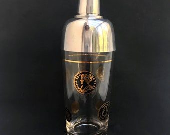 Mid Century Cocktail Shaker: Glass & Silver Plate with Gold Coin Inlay