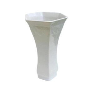 Boch La Louvière: Art-deco vase, white enamelled earthenware, relief decor, flowers motif, signed under Belgian earthenware base, European image 1