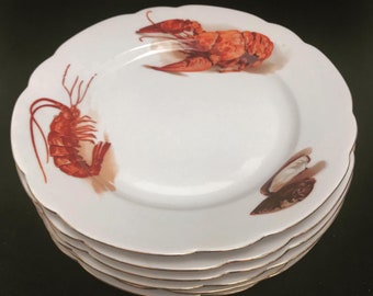 Lobster plates Dish Set Plates Seafood  Vintage French Porcelain orange decor wedding gift transfert decoration  gift for her