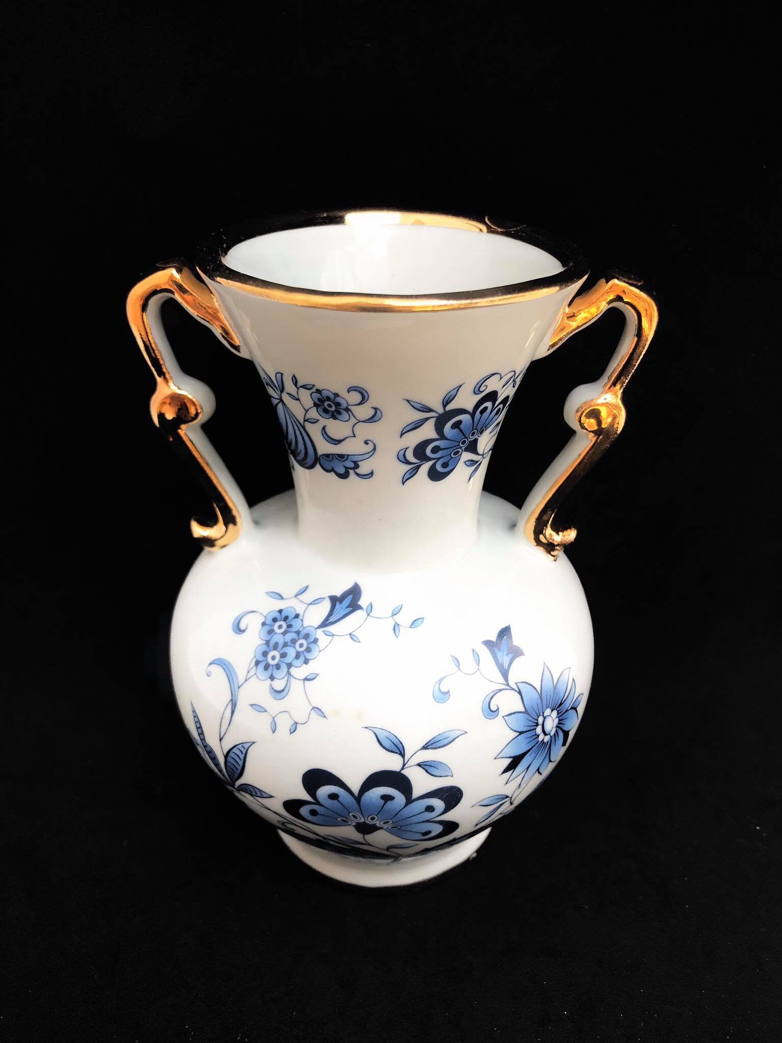 Vase White and Blue porcelain with golden handles, Marked Porcelaine R