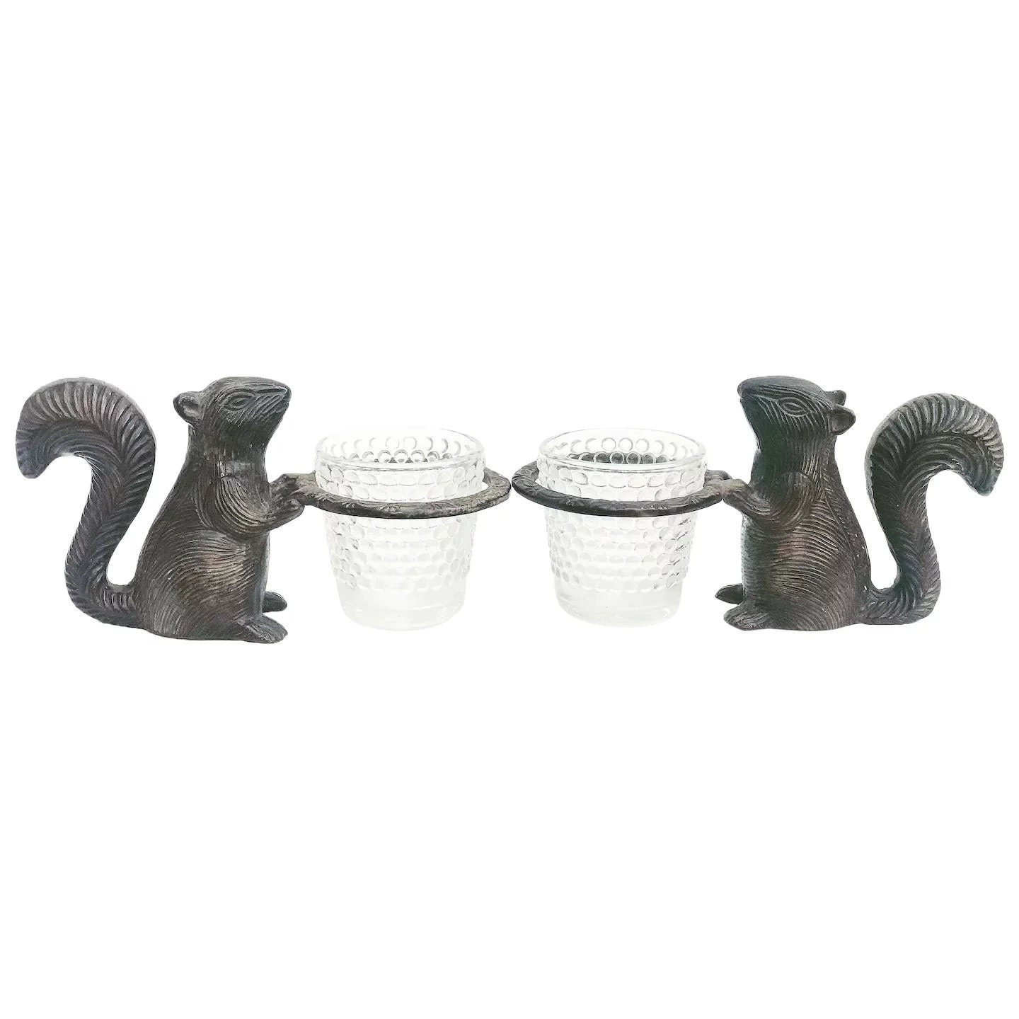 2 petits vases écureuils en bronze patiné et verre cadeau mariage , plat noix, bougies chauffe-plat ou comme petit vase à fleurs