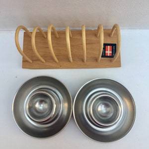 Egg cup set of 6 stainless steel 60s wooden Toast holder made in Denmark , breakfast set, vintage egg holder kitchen tools wood toast holder image 6