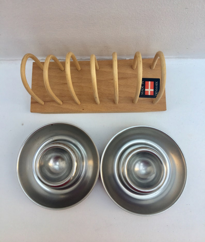 Egg cup set of 6 stainless steel 60s wooden Toast holder made in Denmark , breakfast set, vintage egg holder kitchen tools wood toast holder image 6