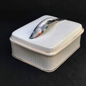 Sardine box dish Vintage ceramic Austrian luxury sardine box with fish handle Butter dish with lid caviar dish  Wedding dish