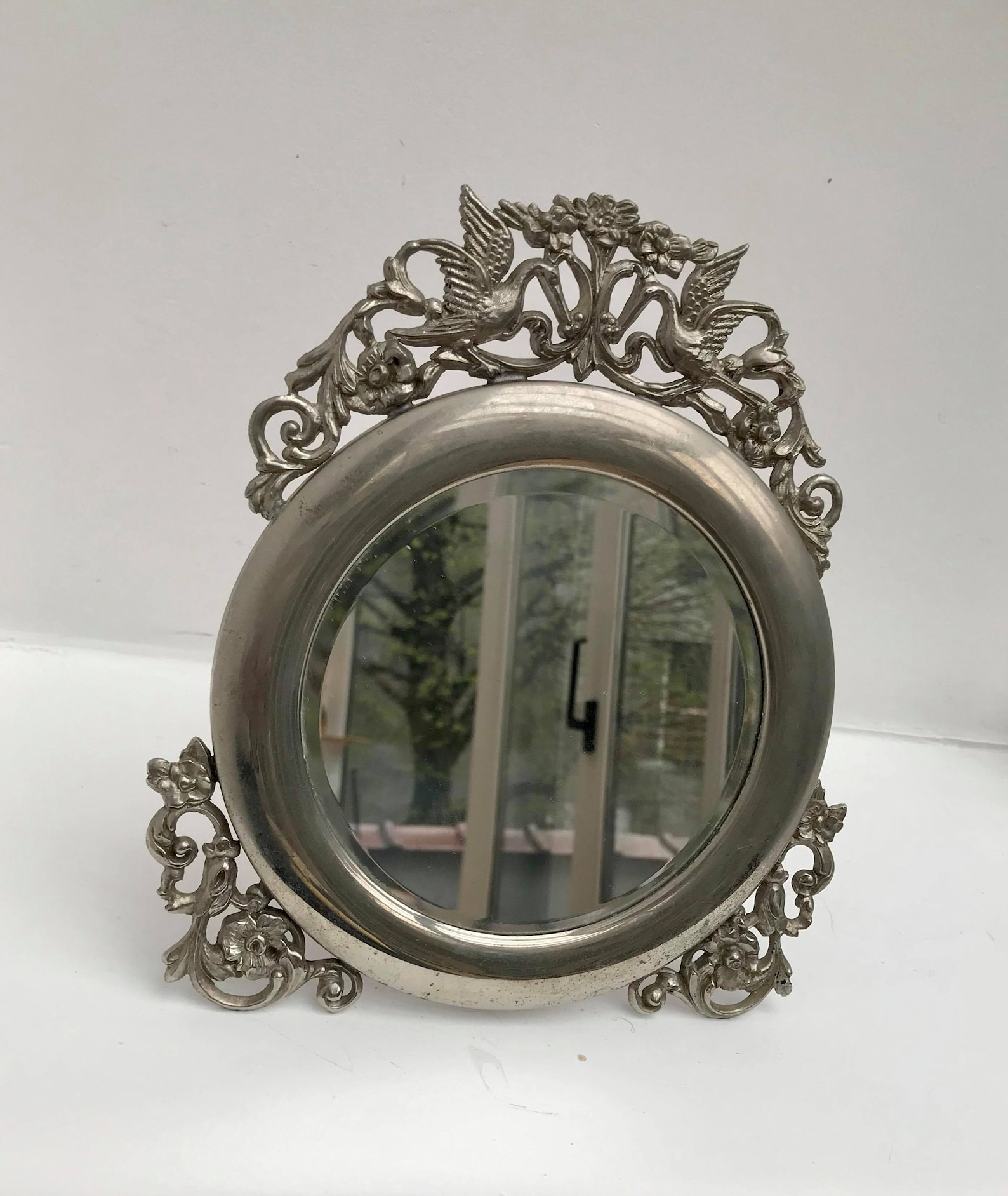 Vanity Mirror Vintage pewter table top mirror with Stand Etsy