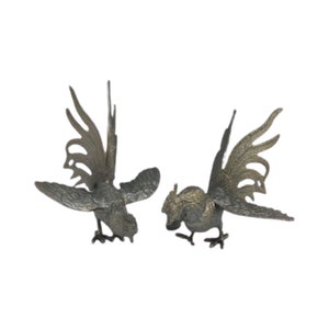 Pair Cockerel figurine Vintage Table Decor silvered Tone Metal Rooster, French Vintage Table Ornaments Hen Chicken Display Hollywood Regency