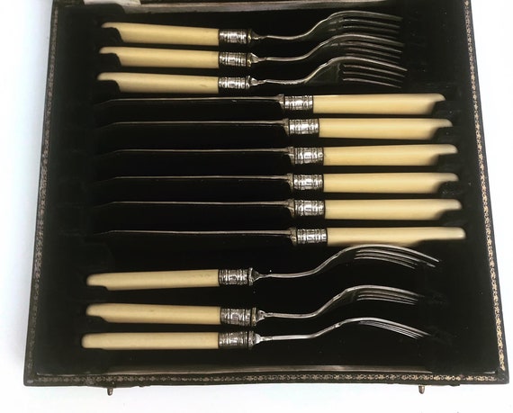 Seafood Cutlery Flatware forks 12 boxed Fish cutlery silver plated bands, stainless steel and Ivorine table holiday dinner wedding gift