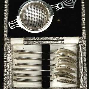 Art Nouveau Antique Silver plated Tea Set Strainer and Spoons set 6 boxed EnGland Victorian  Flatware boxed 1910s gift tea lover hostess